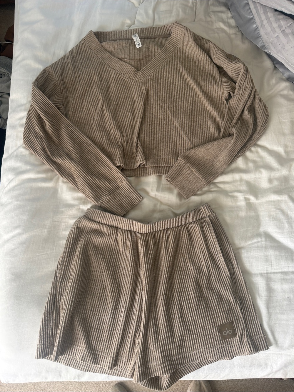 ALO Yoga Ribbed Two-Piece Lounge Set in Taupe
